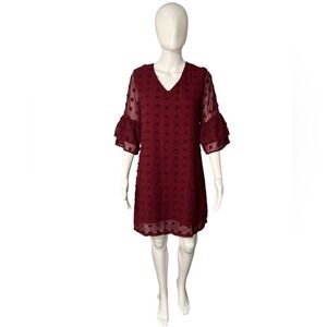 Belonsci Women’s Dress V-Neck Swiss Dot Red Wine Midi Chiffon Shift Size-L NWT